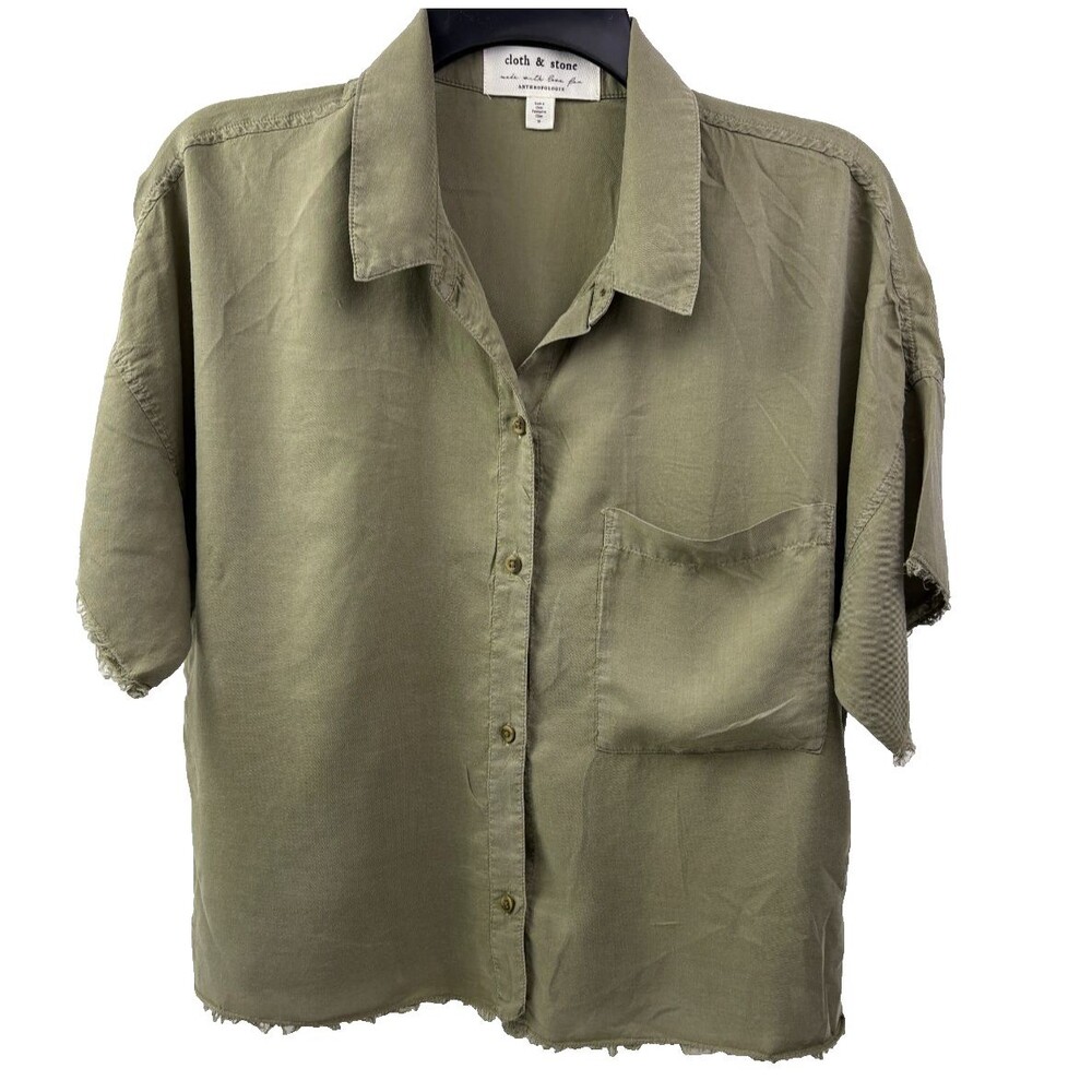 Anthropologie Cloth & Stone Tencel Olive Frayed Hem Cropped Blouse Top M